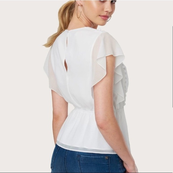 Bebe Pom Ruffle Drop Waist White Blouse Chiffon Top V-Neck Sheer Work Career - Picture 2 of 14